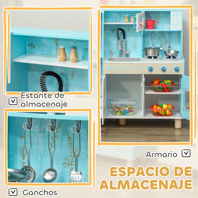 AIYAPLAY Cocina de Madera Infantil con Sonido Fogón Horno Grifo Fregadero Microondas Lavadora Máquina de Hielo Azul