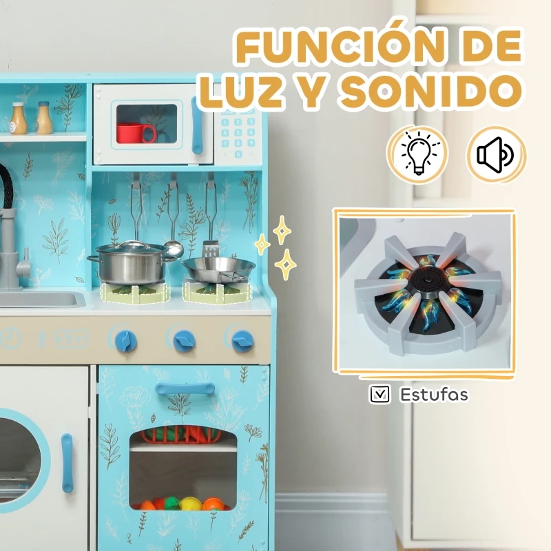 AIYAPLAY Cocina de Madera Infantil con Sonido Fogón Horno Grifo Fregadero Microondas Lavadora Máquina de Hielo Azul