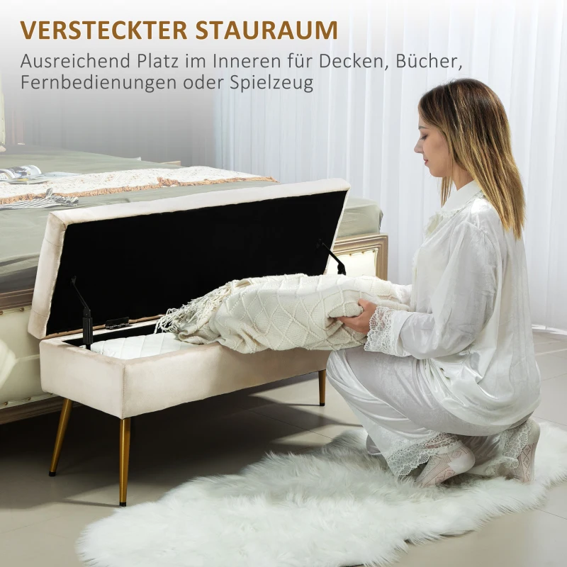 HOMCOM Opbergzitbank in Fluweellook, Gestoffeerde Voetenbank met Getuft Ontwerp, Metalen Frame, 102 x 35 x 43 cm, Beige