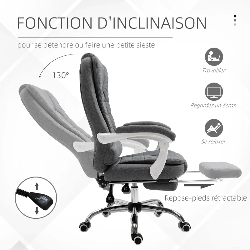 HOMCOM Fauteuil de bureau manager chaise pour ordinateur avec repose-pied dossier inclinable accoudoirs rembourrés en lin gris