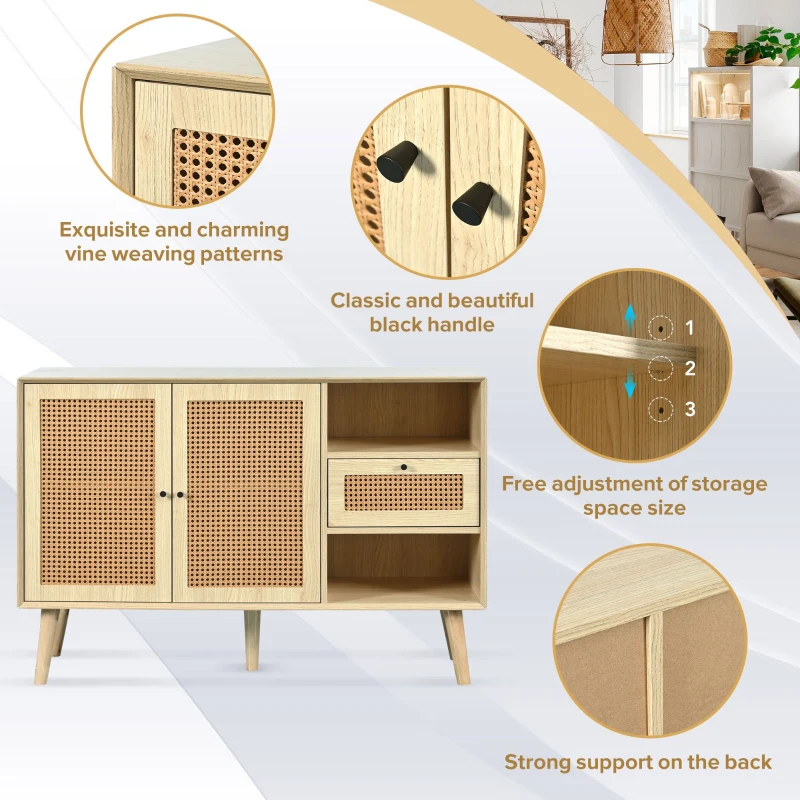 Modern Simple Sideboard with Woven Door Design, Drawers, and Unique Legs, 120L x 40W x 80H cm, Light Oak
