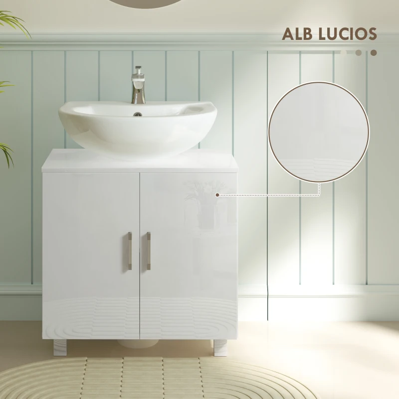 HOMCOM Mobilier Sub Chiuvetă pentru Baie cu 2 Uși, Raft Central, Mâner și Picioare Antiderapante, 60x35x60 cm, Alb Lucios(m-6)