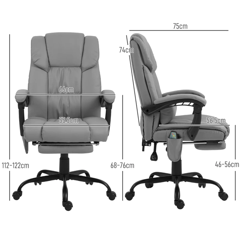 Vinsetto Fotoliu Reglabil pe Înălțime cu Tetieră și Suport pentru Picioare din Piele Artificială, 66x75x112-122 cm, Gri(m-3)