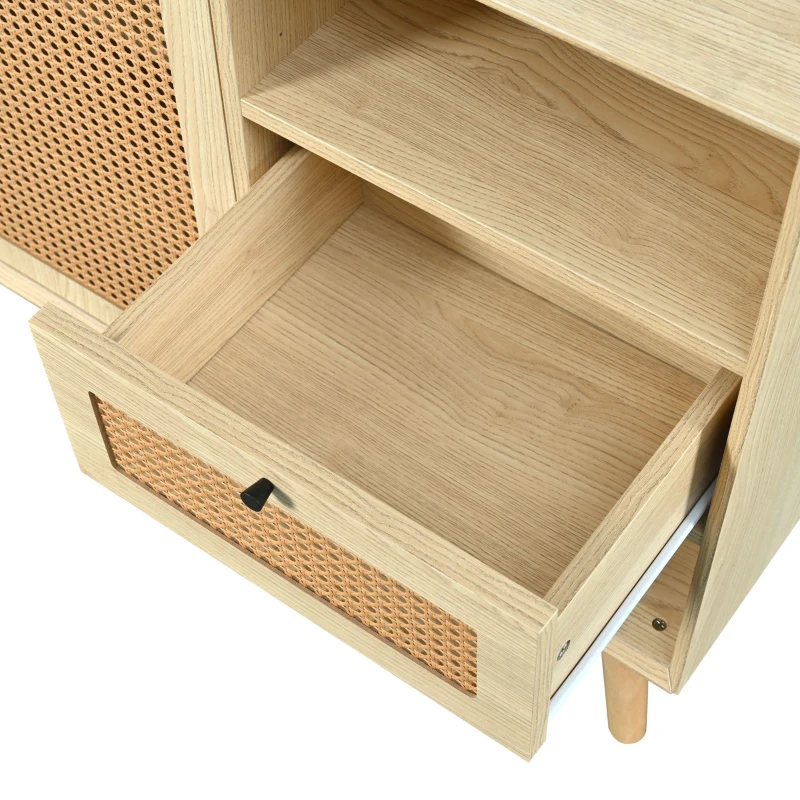 Modern Simple Sideboard with Woven Door Design, Drawers, and Unique Legs, 120L x 40W x 80H cm, Light Oak