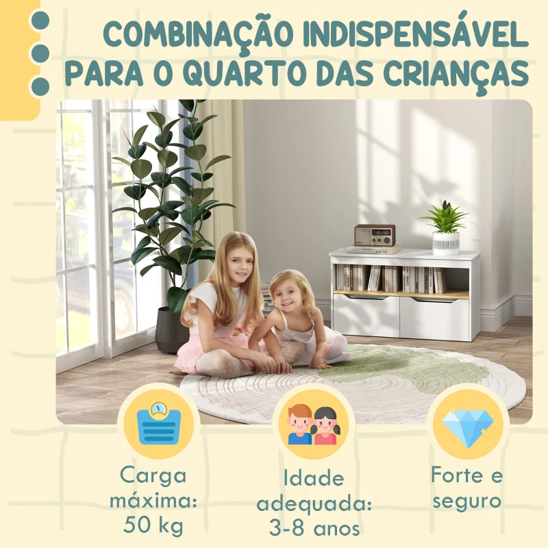 AIYAPLAY Organizador de Brinquedos Móvel de Arrumação Infantil com 2 Gavetas e Compartimento 80x30x45 cm Branco