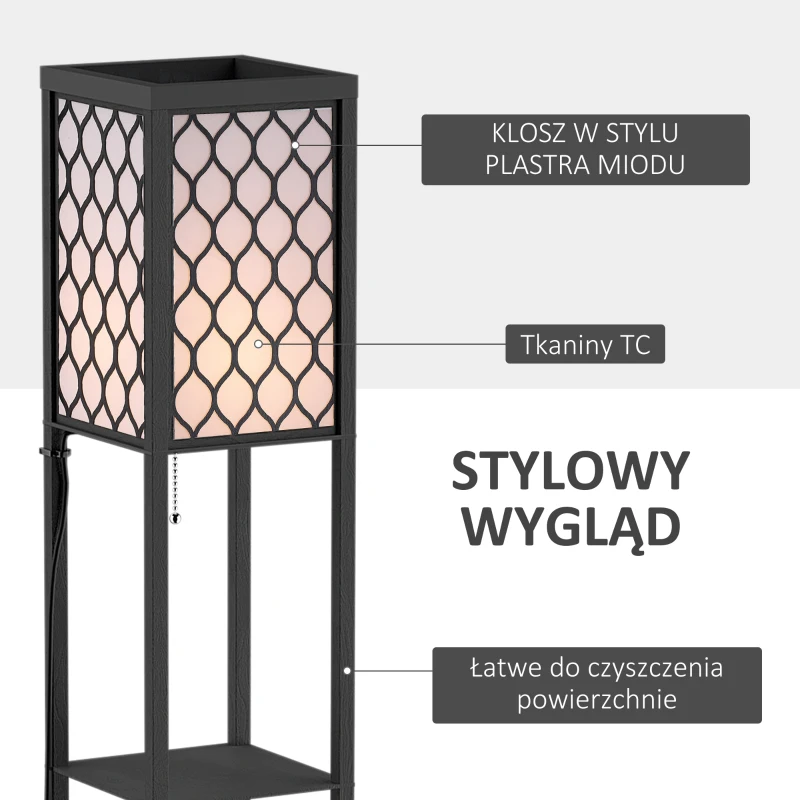HOMCOM Lampa stojąca z półkami oświetlenie wewnętrzne e27 do 40w drewno czarna 26 x 26 x 160 cm