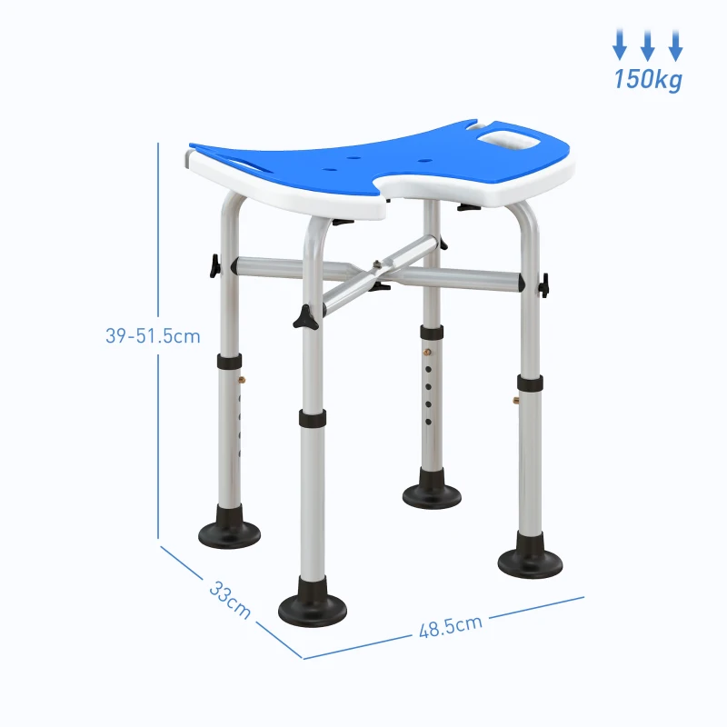 HOMCOM Taburet de Duș Reglabil pe Înălțime cu Mâner cu Ventuză și Picioare Antiderapante, 48,5x33x39-51,5 cm, Albastru