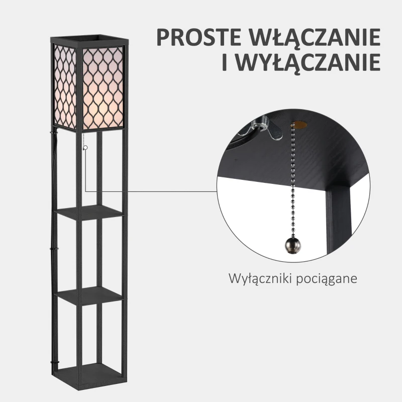 HOMCOM Lampa stojąca z półkami oświetlenie wewnętrzne e27 do 40w drewno czarna 26 x 26 x 160 cm