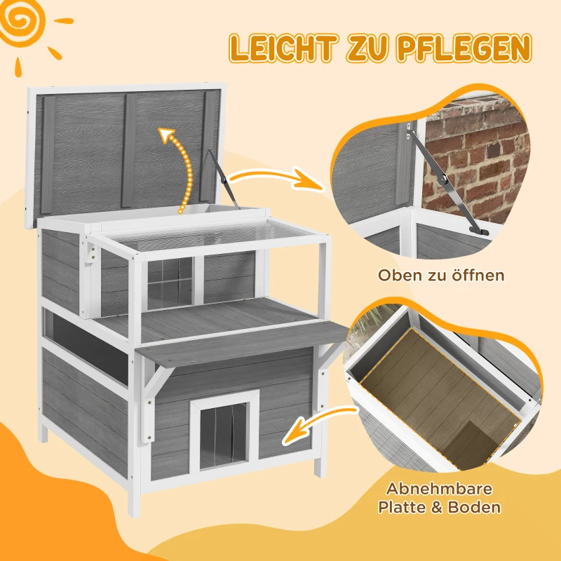 PawHut Tweekamer Kattenhuis met Balkon, Weerbestendige Kattenhut, Regen- en Zonnebescherming, voor Binnen en Buiten, Lichtgrijs