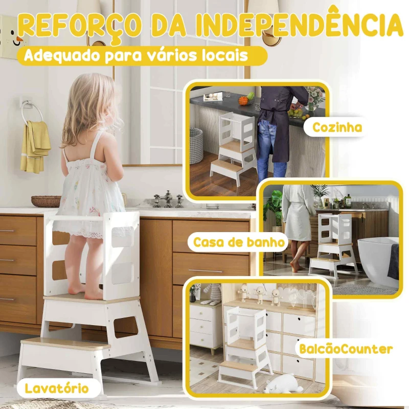 AIYAPLAY Torre de Aprendizagem 2 em 1 para Crianças com Ardósia e Barreira de Segurança 55x52,5x87,5 cm Branco