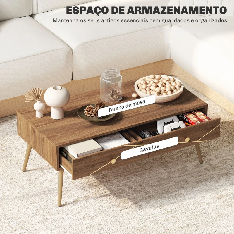 HOMCOM Mesa de Centro Mesa Auxiliar para Sala de Estar com 2 Gavetas e Pés de Aço para Dormitório Sala de Estar 100x50x41 cm Marrom