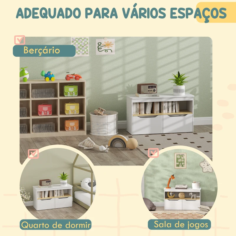 AIYAPLAY Organizador de Brinquedos Móvel de Arrumação Infantil com 2 Gavetas e Compartimento 80x30x45 cm Branco