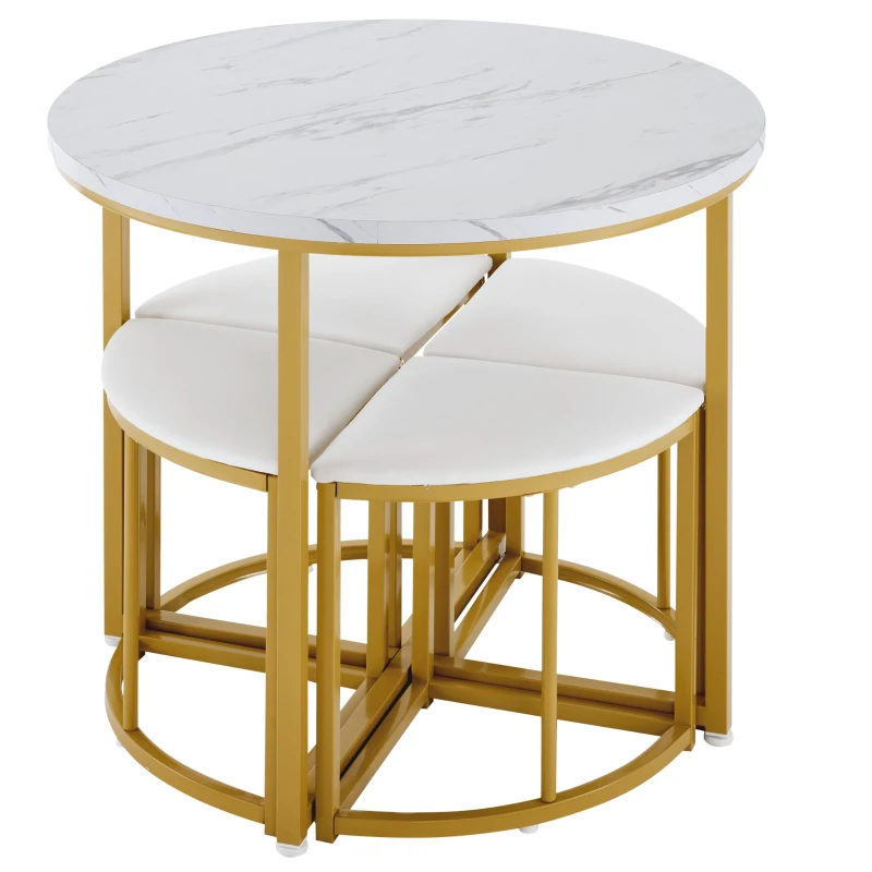 5 Piece Modern Marble Dining Table and Chair Set with Semi-Circular Stools, Space-Saving Design for Apartments and Restaurants, Gold+White