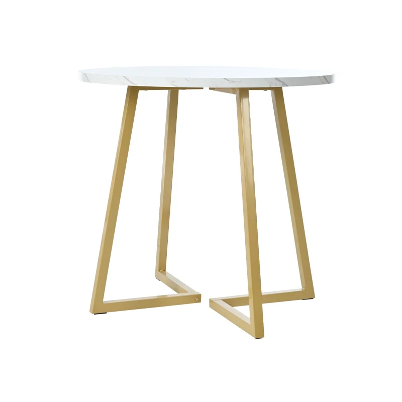 Modern Round Dining Table with Marble Pattern and Gold Metal Frame, Multi-Purpose Design, 80L x 80W x 75H cm, Gold+White