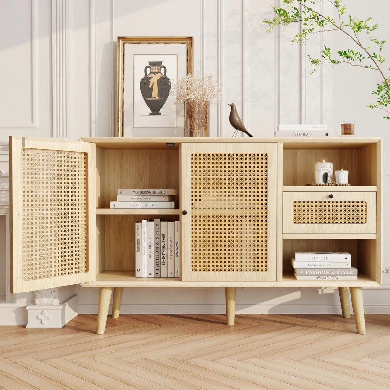 Modern Simple Sideboard with Woven Door Design, Drawers, and Unique Legs, 120L x 40W x 80H cm, Light Oak