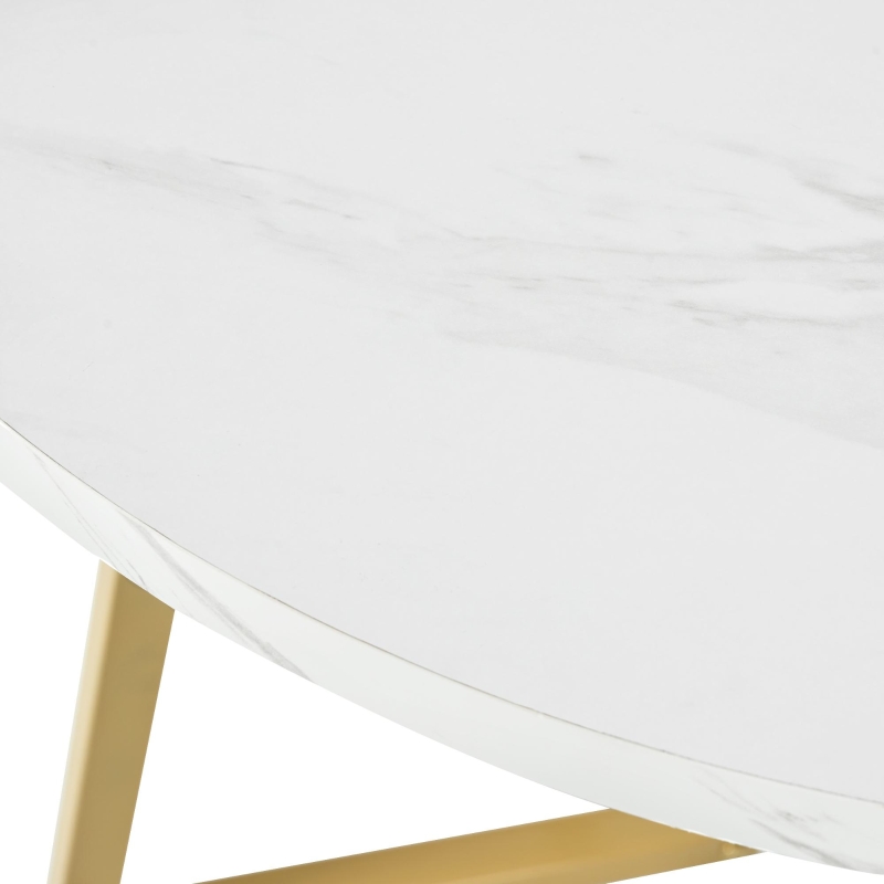Modern Round Dining Table with Marble Pattern and Gold Metal Frame, Multi-Purpose Design, 80L x 80W x 75H cm, Gold+White
