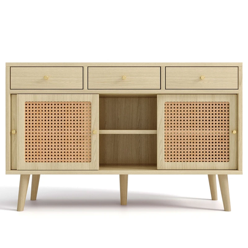 Modern Retro Rattan Door Sideboard with Adjustable Shelves, Smooth Slide Rail, and Wooden Frame, 120L x 40W x 78H cm, Light Oak