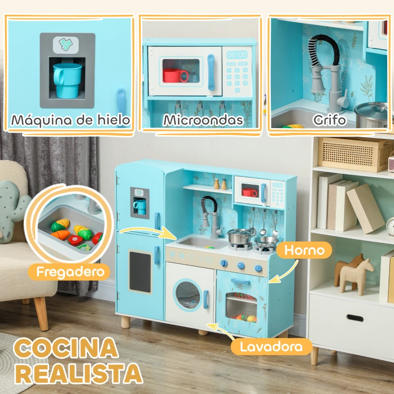 AIYAPLAY Cocina de Madera Infantil con Sonido Fogón Horno Grifo Fregadero Microondas Lavadora Máquina de Hielo Azul