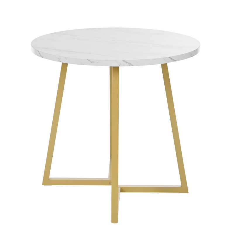 Modern Round Dining Table with Marble Pattern and Gold Metal Frame, Multi-Purpose Design, 80L x 80W x 75H cm, Gold+White