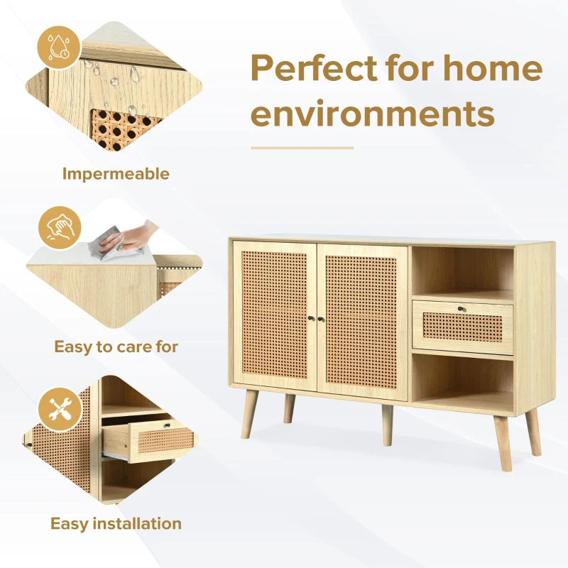 Modern Simple Sideboard with Woven Door Design, Drawers, and Unique Legs, 120L x 40W x 80H cm, Light Oak