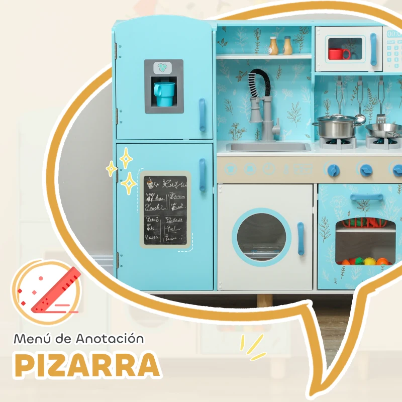 AIYAPLAY Cocina de Madera Infantil con Sonido Fogón Horno Grifo Fregadero Microondas Lavadora Máquina de Hielo Azul