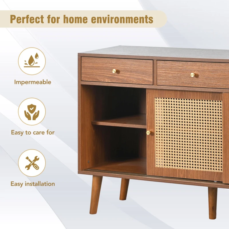 Retro Wooden Sideboard with Rattan Door Design, 3 Drawers and Storage Compartments, Ideal for Dining and Living Room, Natural Walnut