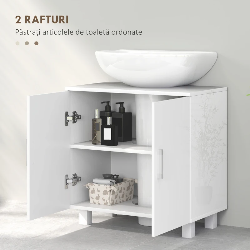 HOMCOM Mobilier Sub Chiuvetă pentru Baie cu 2 Uși, Raft Central, Mâner și Picioare Antiderapante, 60x35x60 cm, Alb Lucios(m-5)