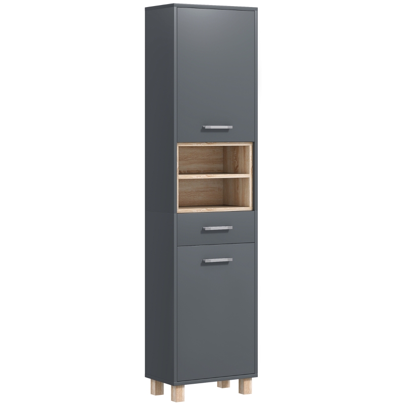 HOMCOM Coloană de Baie cu Sertar, Dulapuri și 2 Rafturi Deschise, Mobilier cu Spațiu de Depozitare, 40x24x160 cm, Gri