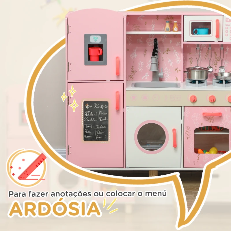 AIYAPLAY Cozinha de Madeira para Crianças com Sons Fogão Forno Micro-Ondas Máquina de Gelo e Acessórios 90x33,3x91,6 cm Rosa