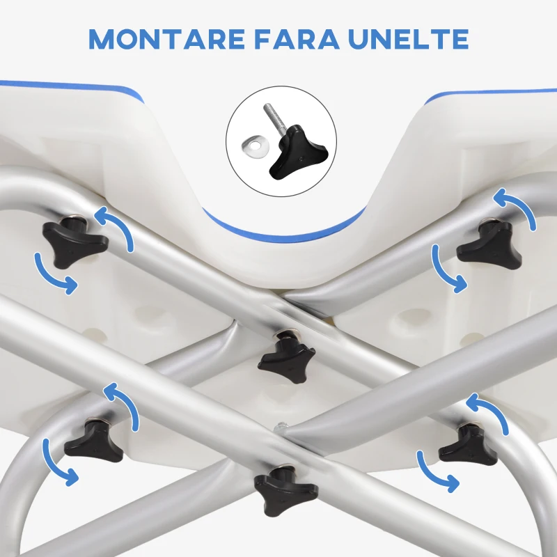 HOMCOM Taburet de Duș Reglabil pe Înălțime cu Mâner cu Ventuză și Picioare Antiderapante, 48,5x33x39-51,5 cm, Albastru