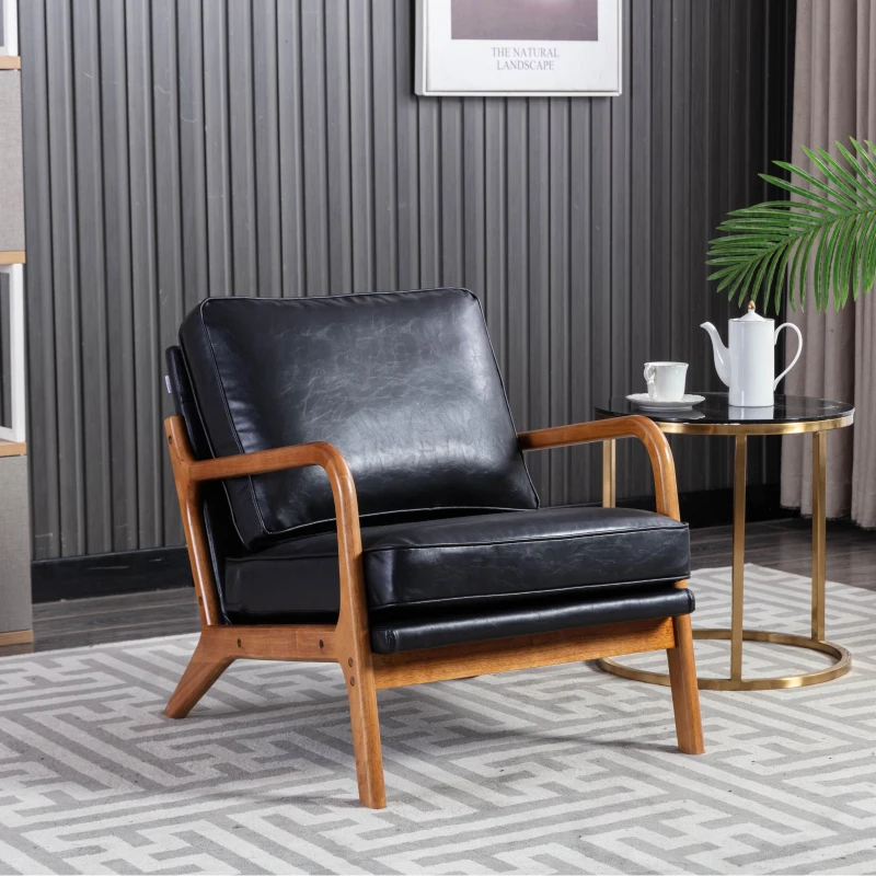 Modern Accent Armchair with Wooden Frame, Soft Cushion, Mid-Century Style, Comfy Chair for Bedroom, Living Room, 65x80x76 cm, Black
