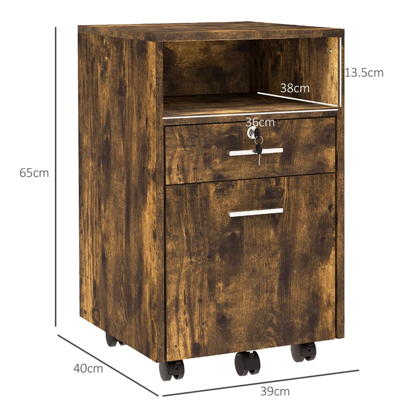 Vinsetto Comodă de Birou cu 2 Sertare și Raft Deschis, Mobilier cu 5 Rotile, Încuietoare și 2 Chei, 39x40x65 cm, Maro