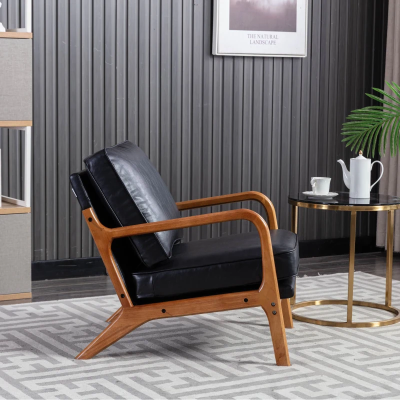 Modern Accent Armchair with Wooden Frame, Soft Cushion, Mid-Century Style, Comfy Chair for Bedroom, Living Room, 65x80x76 cm, Black