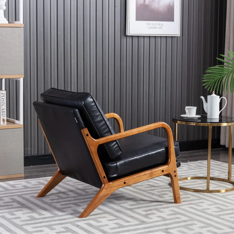Modern Accent Armchair with Wooden Frame, Soft Cushion, Mid-Century Style, Comfy Chair for Bedroom, Living Room, 65x80x76 cm, Black