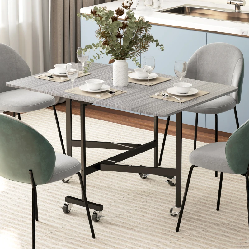 HOMCOM Mobile Drop Leaf Table, Folding Dining Table with 6 Wheels & Brakes, Kitchen Table for Small Spaces, Grey