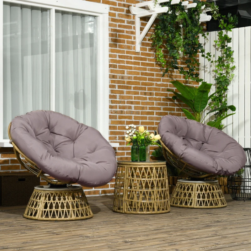 Outsunny Ensemble salon de jardin 3 pièces avec 2 fauteuils papasan pivotant et 1 tables basse ronde polyester résine tressée