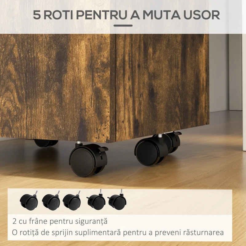 Vinsetto Comodă de Birou cu 2 Sertare și Raft Deschis, Mobilier cu 5 Rotile, Încuietoare și 2 Chei, 39x40x65 cm, Maro