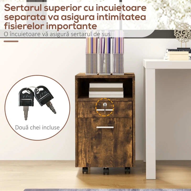 Vinsetto Comodă de Birou cu 2 Sertare și Raft Deschis, Mobilier cu 5 Rotile, Încuietoare și 2 Chei, 39x40x65 cm, Maro