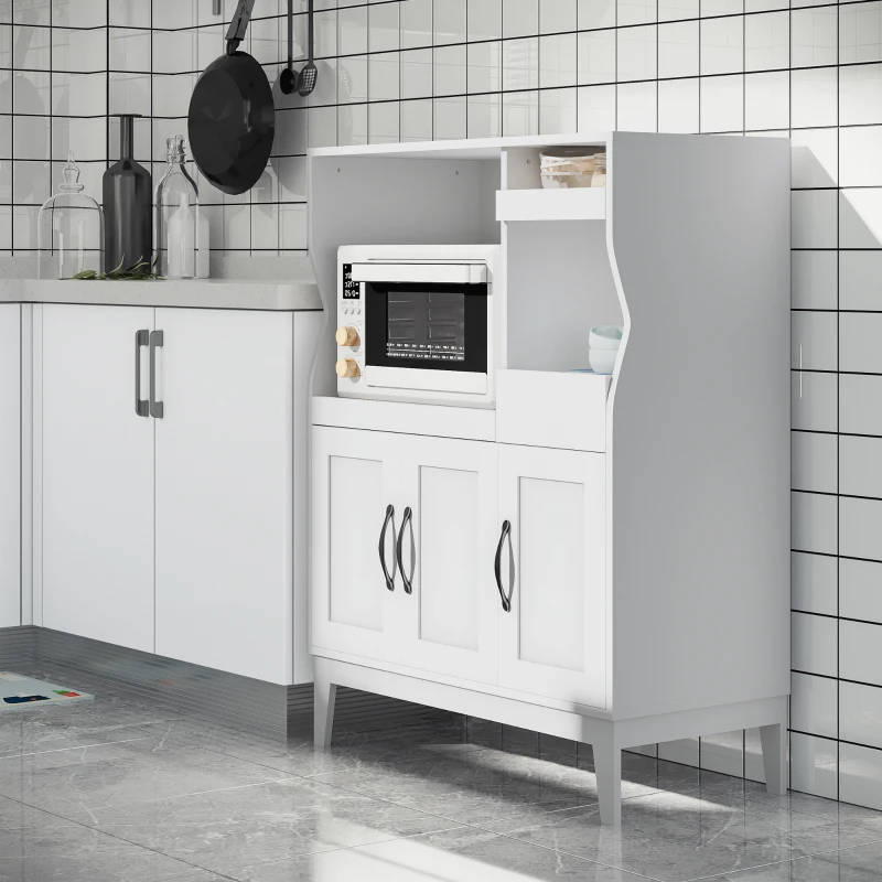HOMCOM Bufet de Bucătărie cu 2 Dulapuri, Sertar și Rafturi Extensibile pentru Cuptor cu Microunde, 84x39x109 cm, Alb