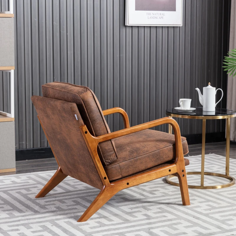 Modern Accent Armchair with Wooden Frame, Soft Cushion, Mid-Century Style, Comfy Chair for Bedroom, Living Room, 65x80x76 cm, Coffee