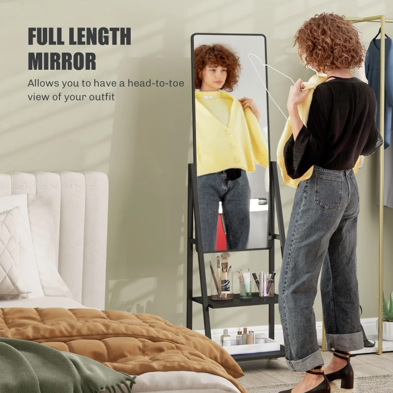 HOMCOM Oglindă Verticală cu 2 Rafturi și 4 Rotile, Oglindă de Podea din Oțel și PAL, 42x37x155 cm, Negru