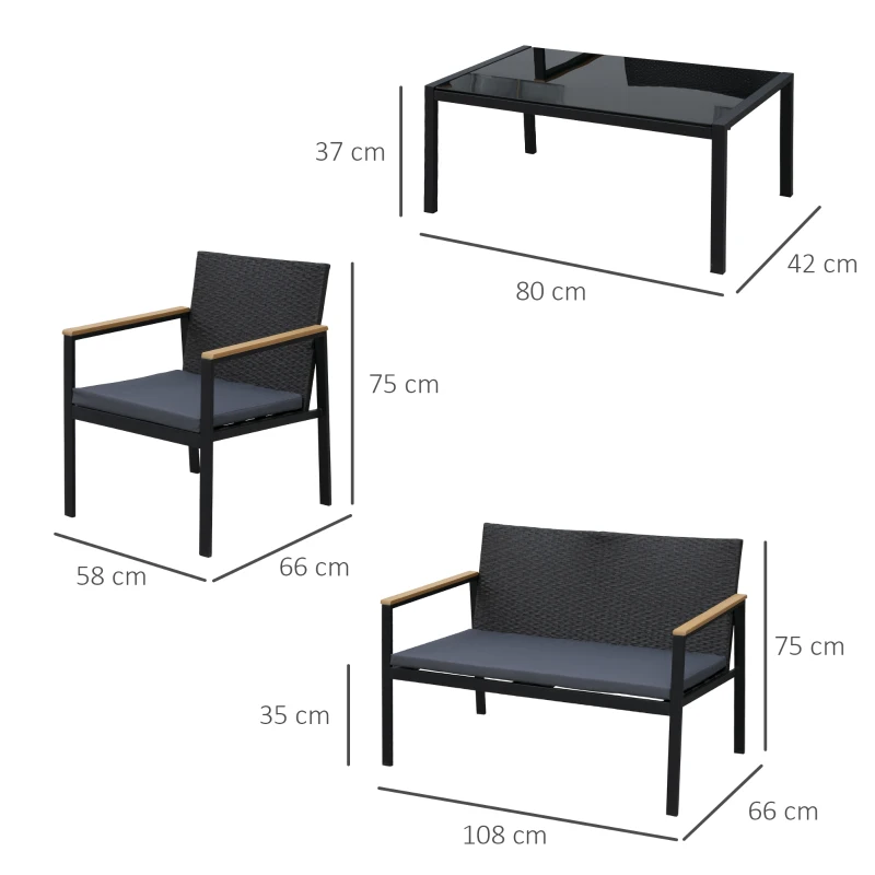Outsunny Set Mobilier de Grădină din Ratan din 2 Scaune cu Brațe pentru Terasă, Bancă și Masă de Cafea, 80x42x37 cm, Negru(m-3)