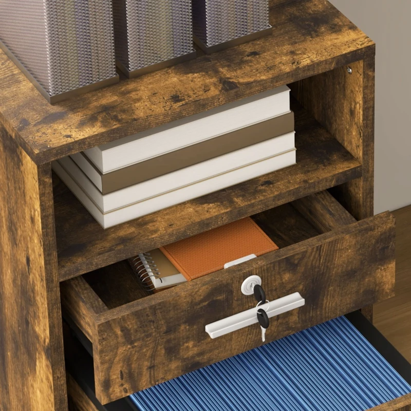 Vinsetto Comodă de Birou cu 2 Sertare și Raft Deschis, Mobilier cu 5 Rotile, Încuietoare și 2 Chei, 39x40x65 cm, Maro