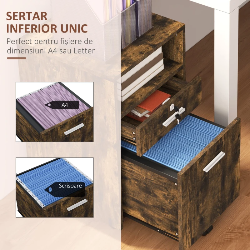 Vinsetto Comodă de Birou cu 2 Sertare și Raft Deschis, Mobilier cu 5 Rotile, Încuietoare și 2 Chei, 39x40x65 cm, Maro