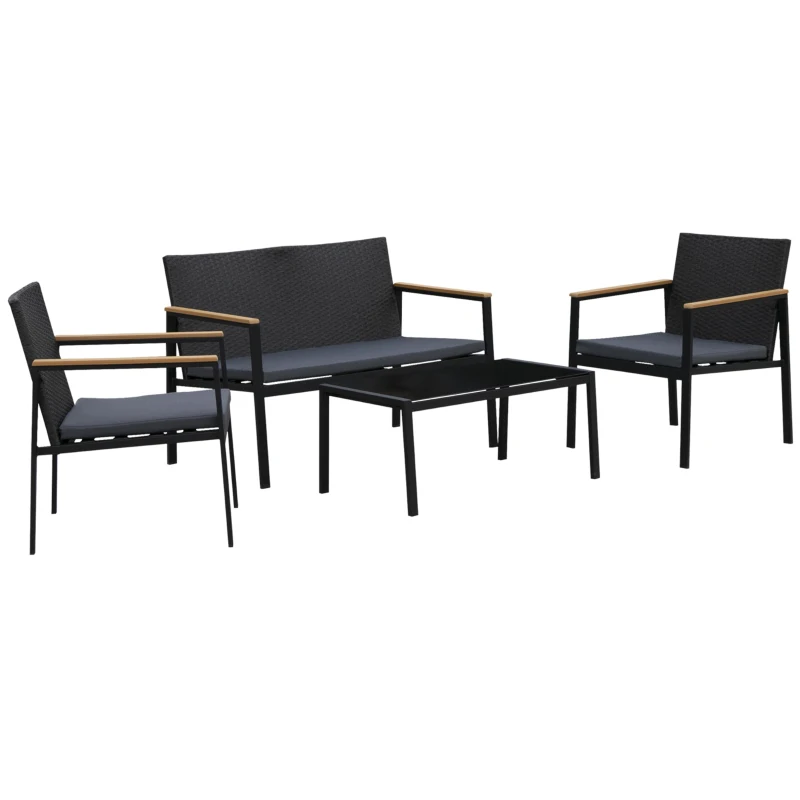 Outsunny Set Mobilier de Grădină din Ratan din 2 Scaune cu Brațe pentru Terasă, Bancă și Masă de Cafea, 80x42x37 cm, Negru(m-10)