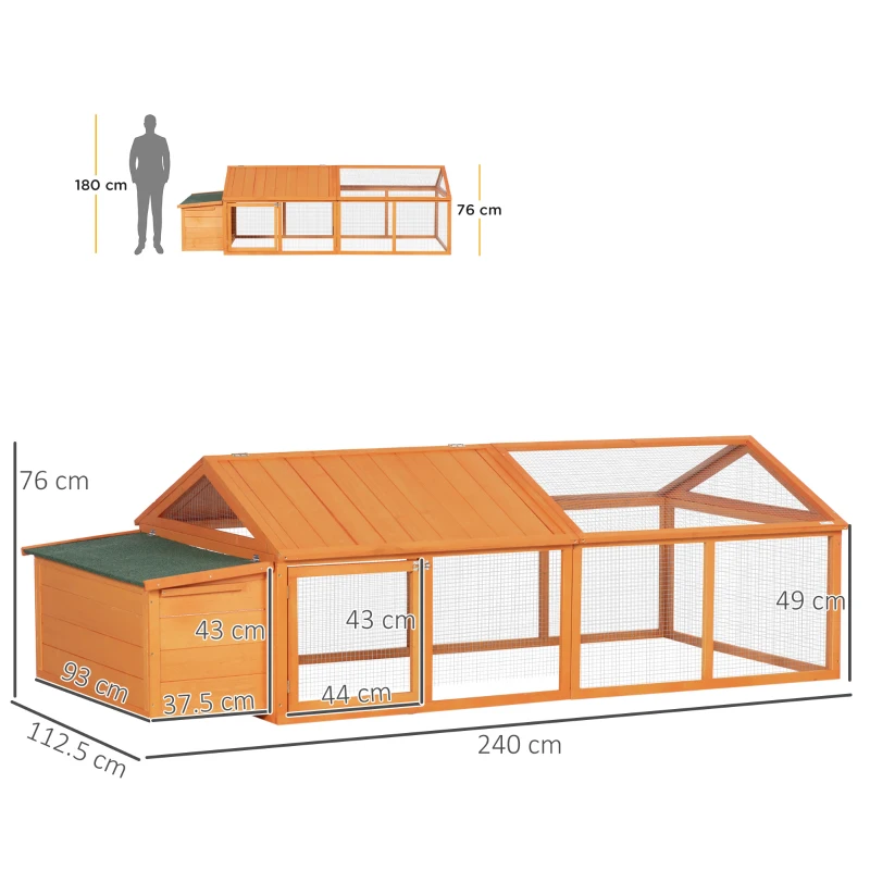 PawHut Coteț pentru Găini de Exterior cu Acoperiș Rabatabil și Ușă Largă Pentru 4-8 Găini, 240x112,5x76 cm, Portocaliu(m-3)