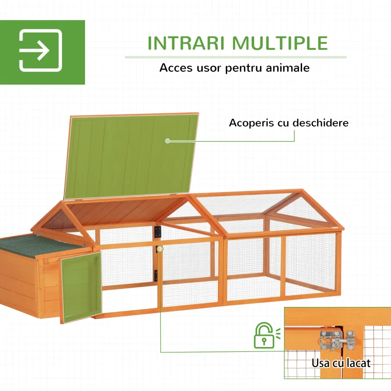 PawHut Coteț pentru Găini de Exterior cu Acoperiș Rabatabil și Ușă Largă Pentru 4-8 Găini, 240x112,5x76 cm, Portocaliu(m-5)
