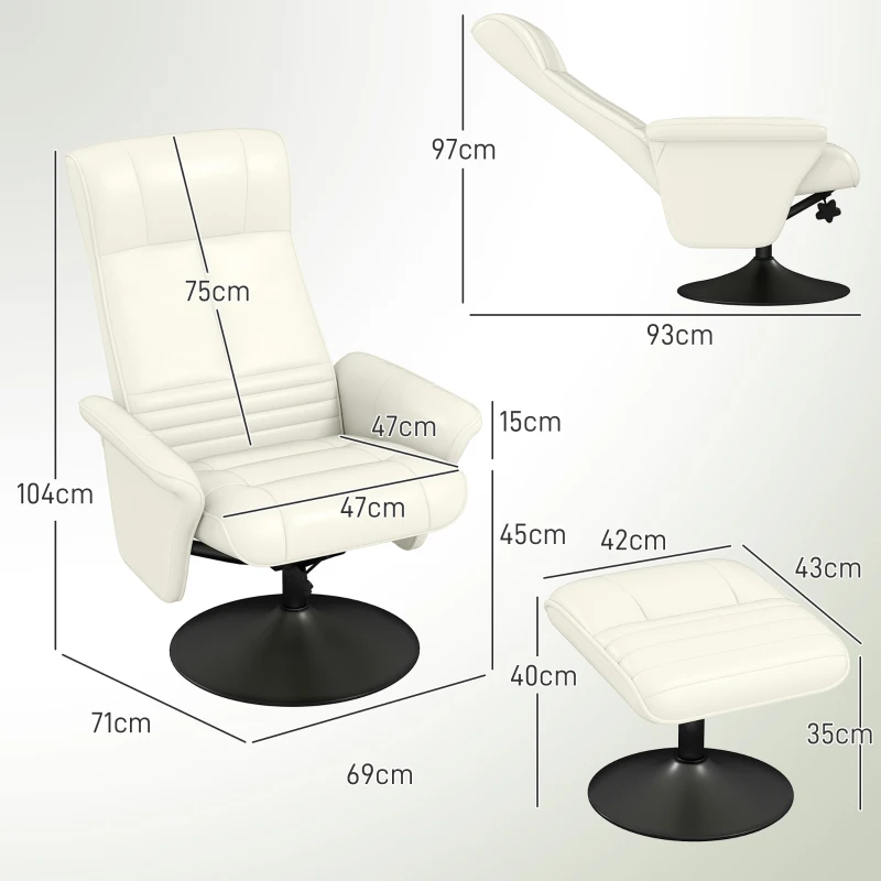 HOMCOM Relaxfauteuil, TV-Fauteuil met Voetenbank, Draaibaar, Ergonomisch, in Microvezellook, Tot 150 kg, Crèmewit