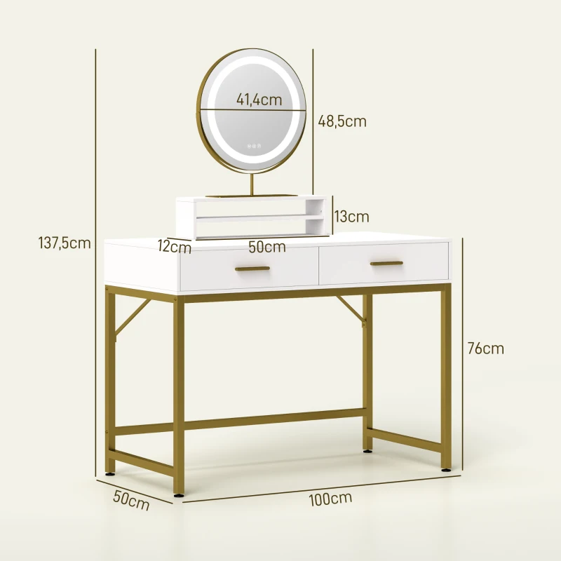 HOMCOM Kaptafel met 360° Spiegel, LED-verlichting, 2 Laden, Wit/Goud