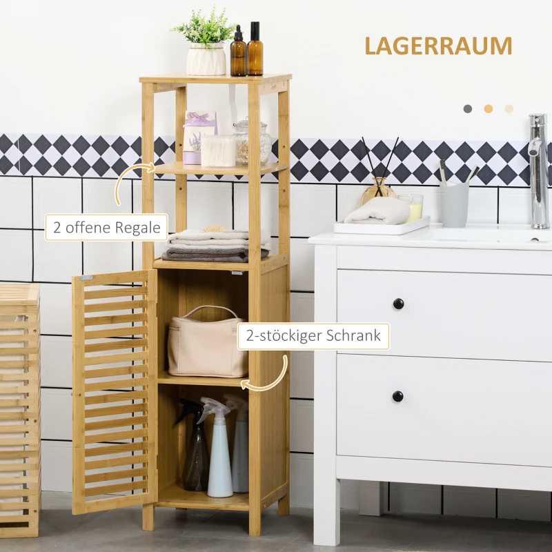 kleankin Badplank, kastvak met lamellendeur, verstelbare planken, Bamboe, ca. 33 x 30 x 120 cm